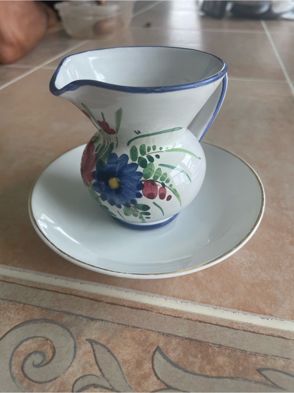 Santorelli Hand-Painted Ceramic Pitcher and Saucer with Blue Floral Accents